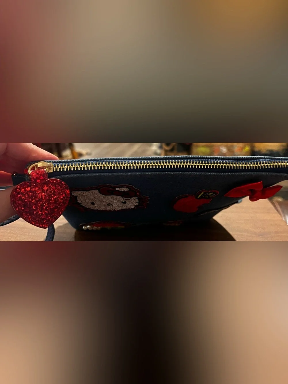 Hello Kitty Denim Wristlet Pouch Sanrio Sequin Patch Cosmetic Bag Kawaii